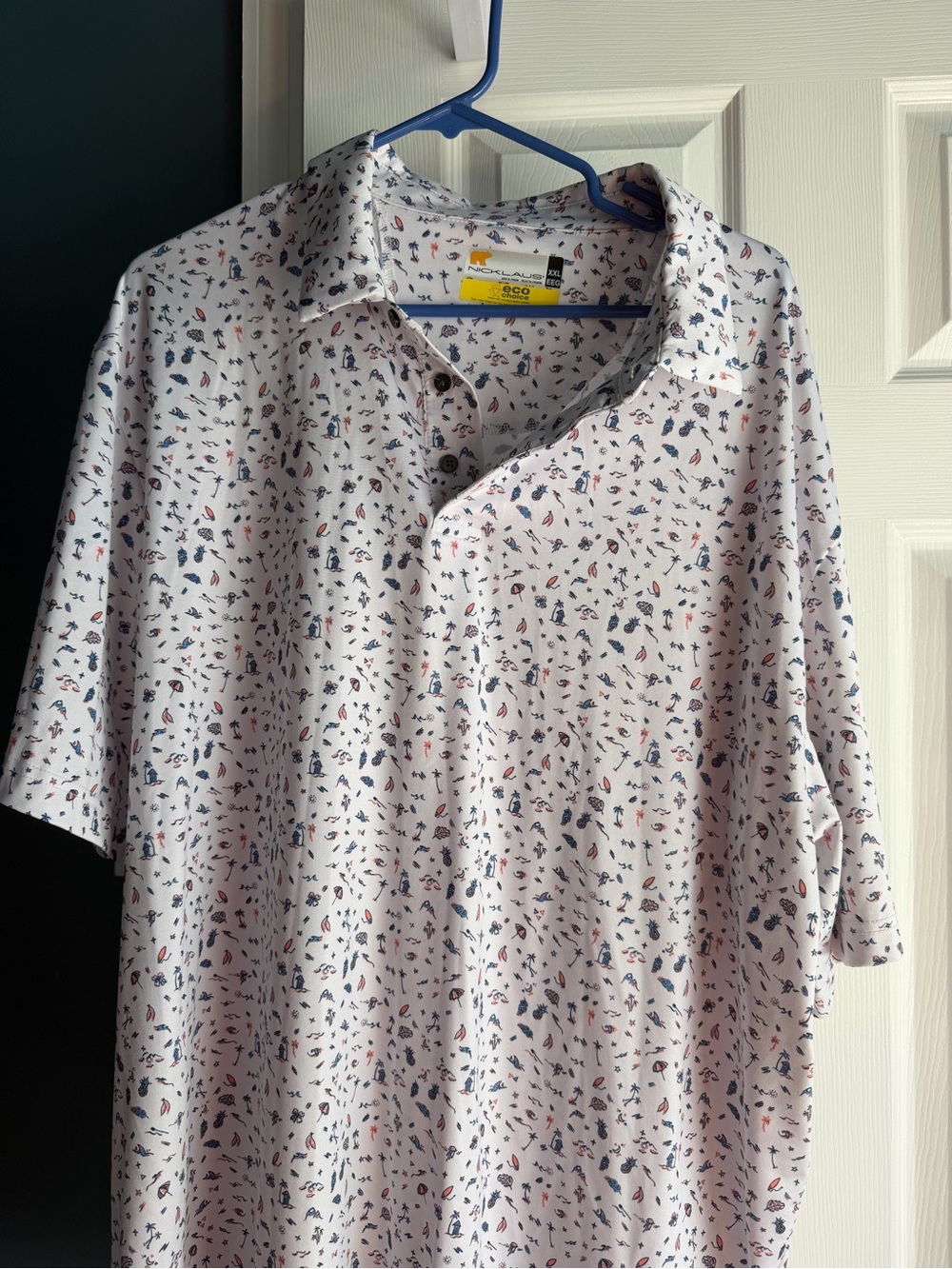 Men's Short Sleeve Polo — White with Navy & Red Micro Pattern